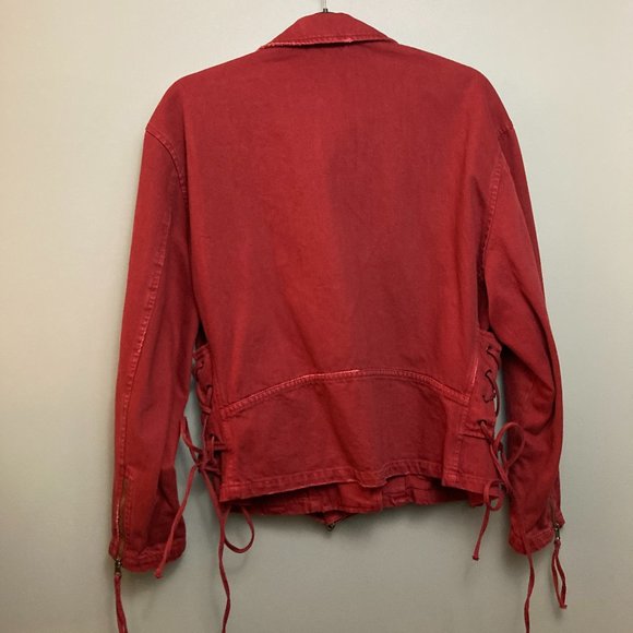Free People Oversized Red Denim Moto Jacket Size M - Picture 13 of 14